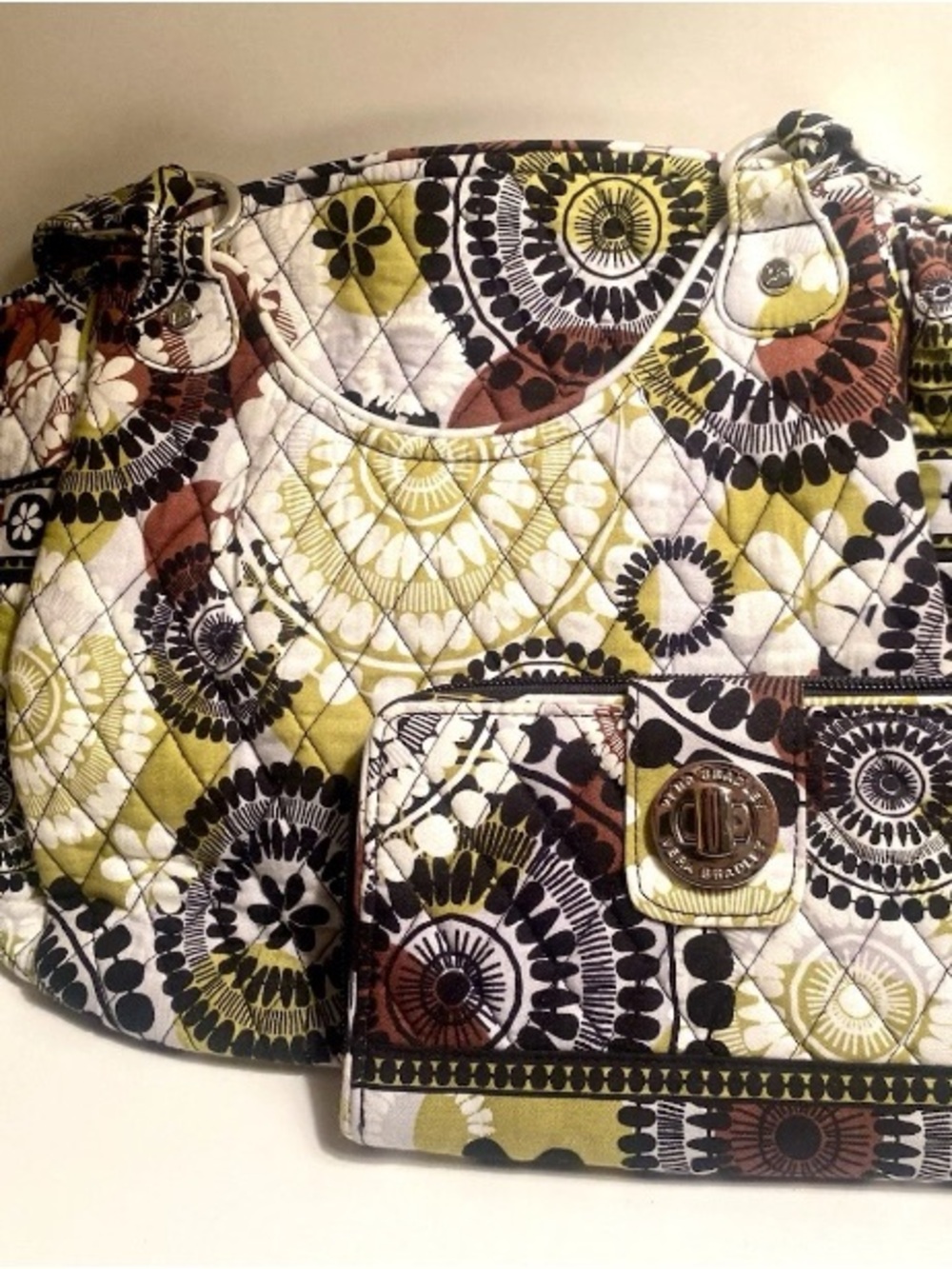 Vera Bradley Quilted Shoulder Bag & Wallet in Olive, Brown, Black